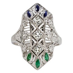 Art Deco Diamond Green Emerald Blue Sapphire Cocktail Ring