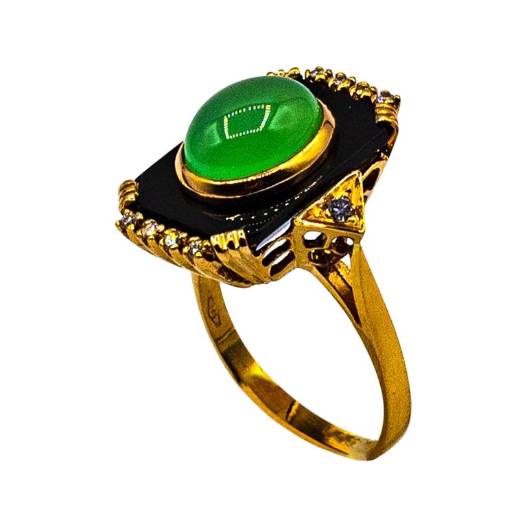 Art Deco Style White Diamond Chrysoprase Onyx Yellow Gold Cocktail Ring