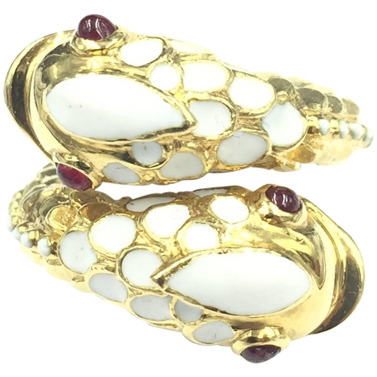 Tiffany 
Co. White Enamel Ruby Gold Zodiac Pisces Fish Ring