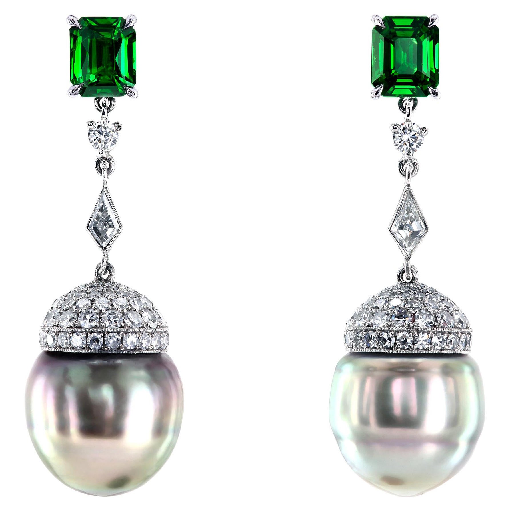 Leon Mege Bespoke Platinum Drop Earrings with Tsavorite Garnets and Grey Pearls For Sale