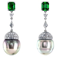 Leon Mege Bespoke Platinum Drop Earrings with Tsavorite Garnets and Grey Pearls