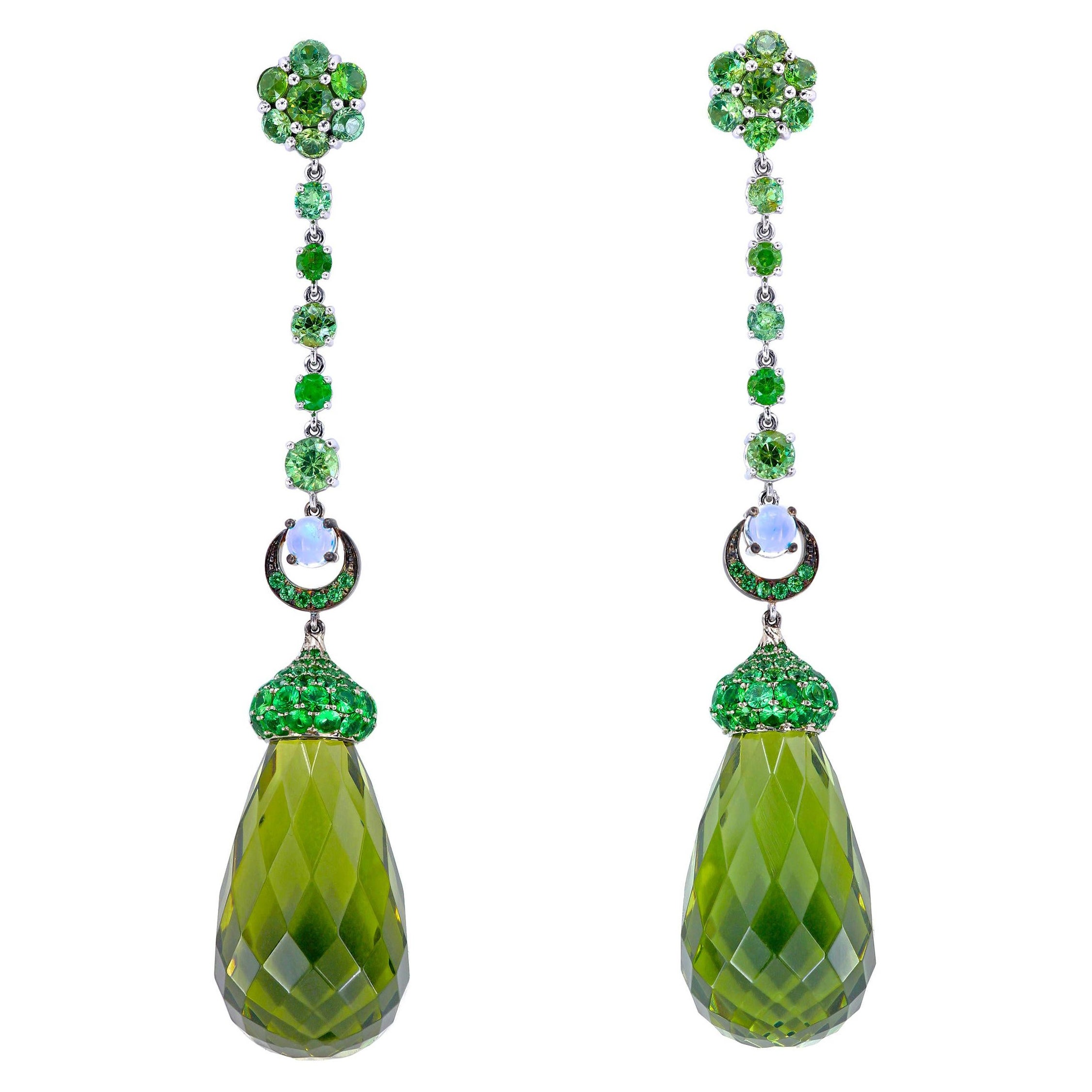 Leon Mege long drop earrings with green amber tsavorite, garnet and moonstones