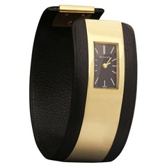 Tiffany & Co Stilvolle Armbanduhr aus Gelbgold und schwarzem Leder, um 1965