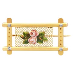 Antique Diamond and Enamel 15K Yellow Gold Floral Gate Brooch