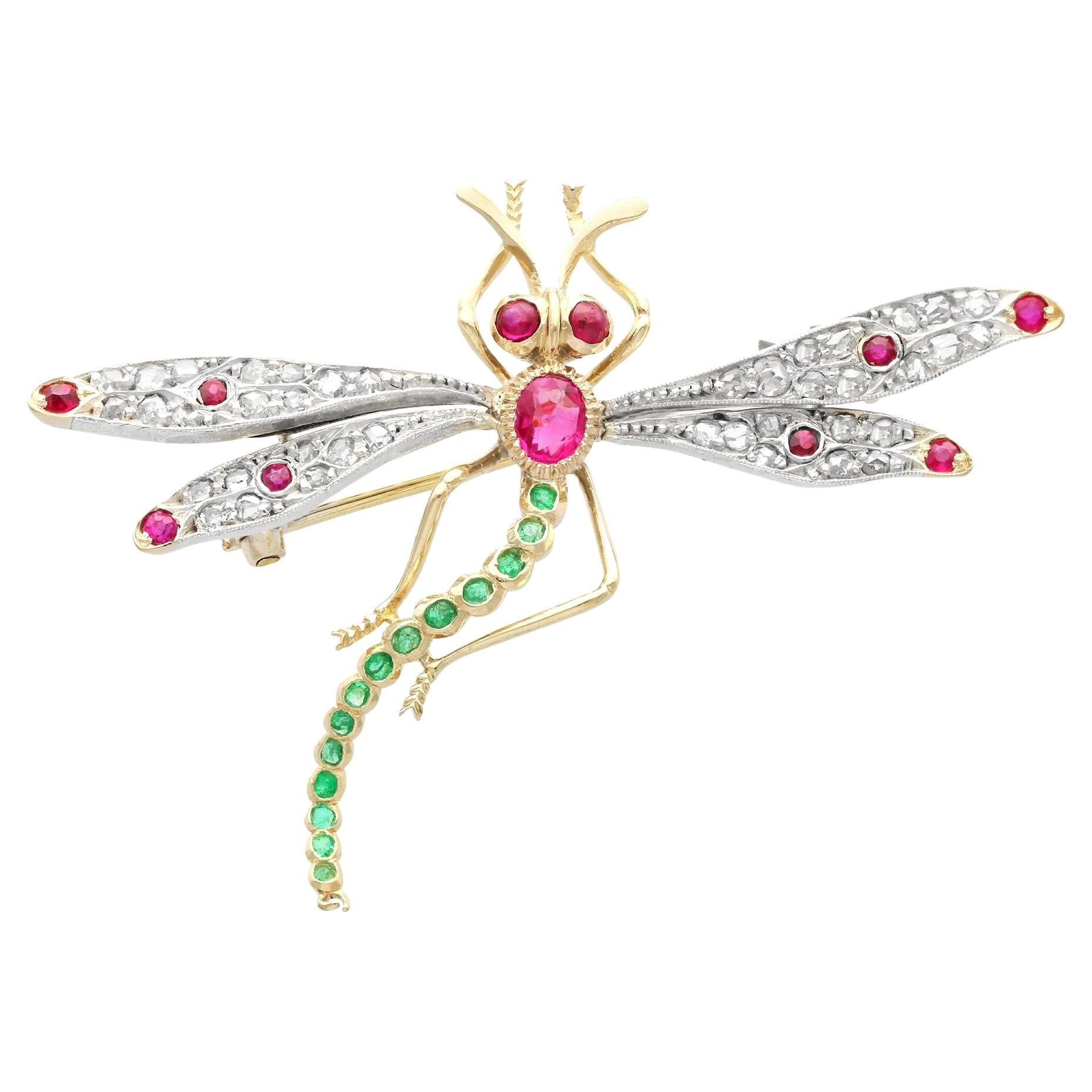 Antiquate Ruby Emerald and Diamond Yellow Gold Dragonfly Brooch For Sale