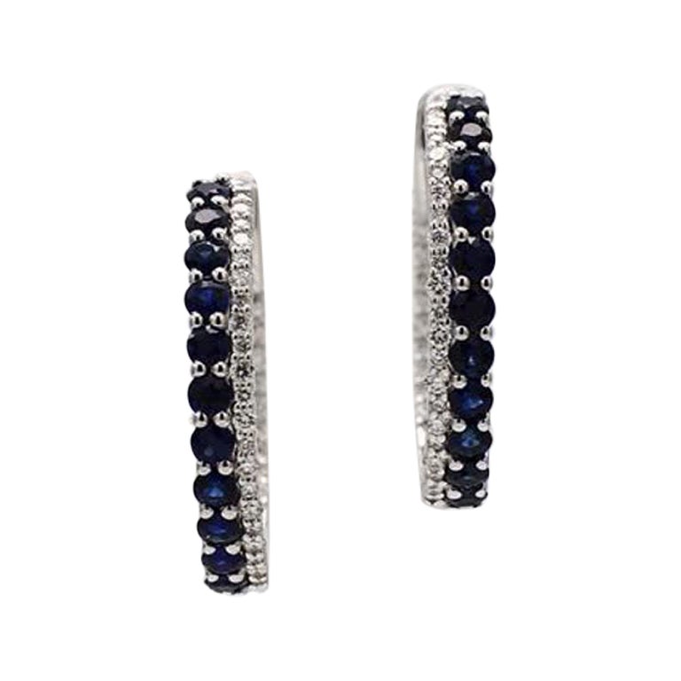 Natural Blue Round Sapphire and White Diamond 3.47 Carat TW White Gold Earrings For Sale