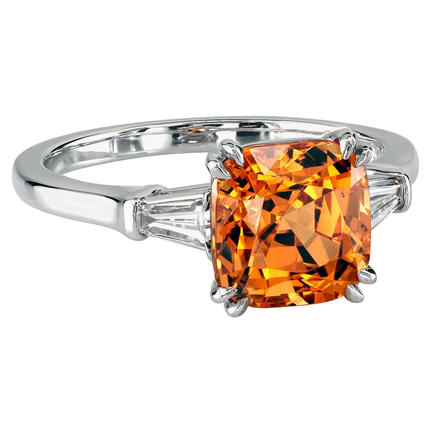 Leon Mege Platinum Three-Stone Ring with Mandarin Garnet and Diamond Baguettes For Sale