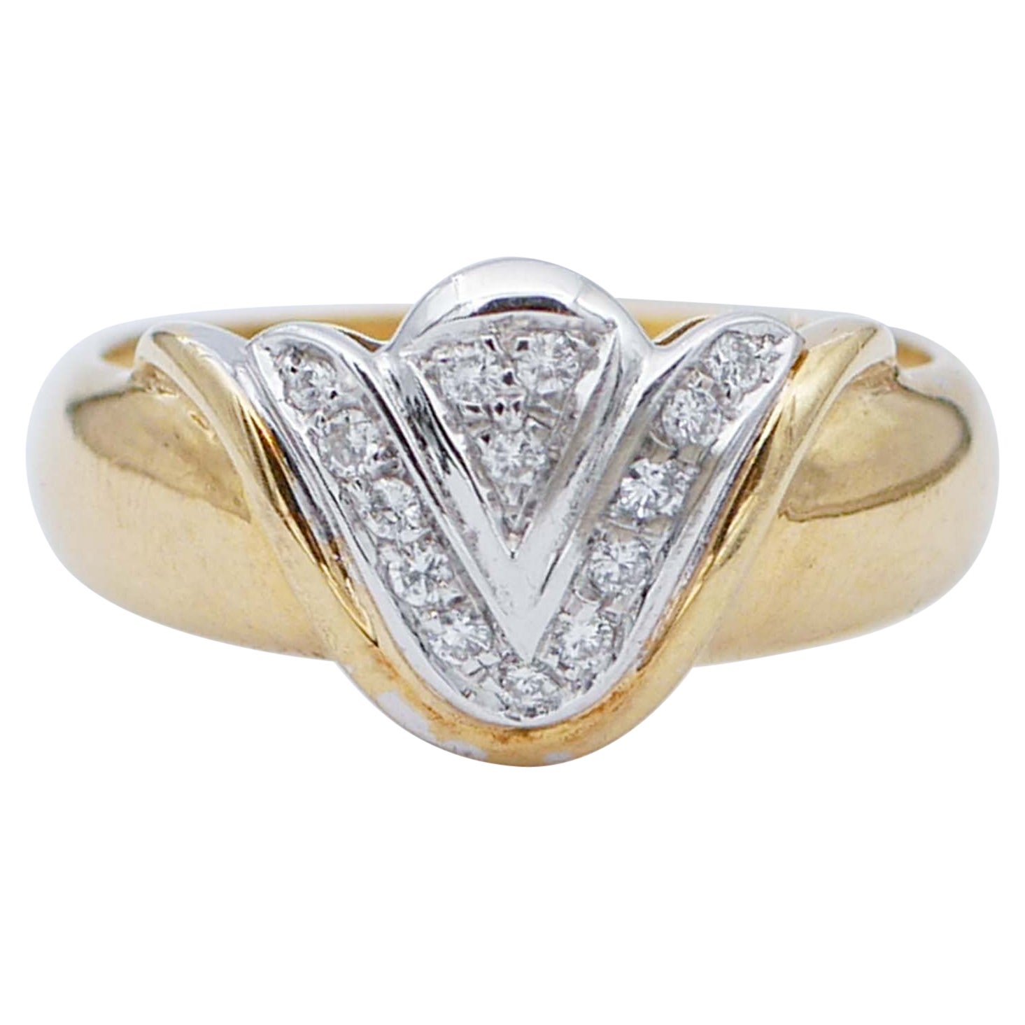 Diamonds, 18 Karat Yellow and White Gold Retrò Ring For Sale