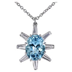 Leon Mege Platinum Handmade Polar Star Aquamarine Pendant with Diamond Baguettes