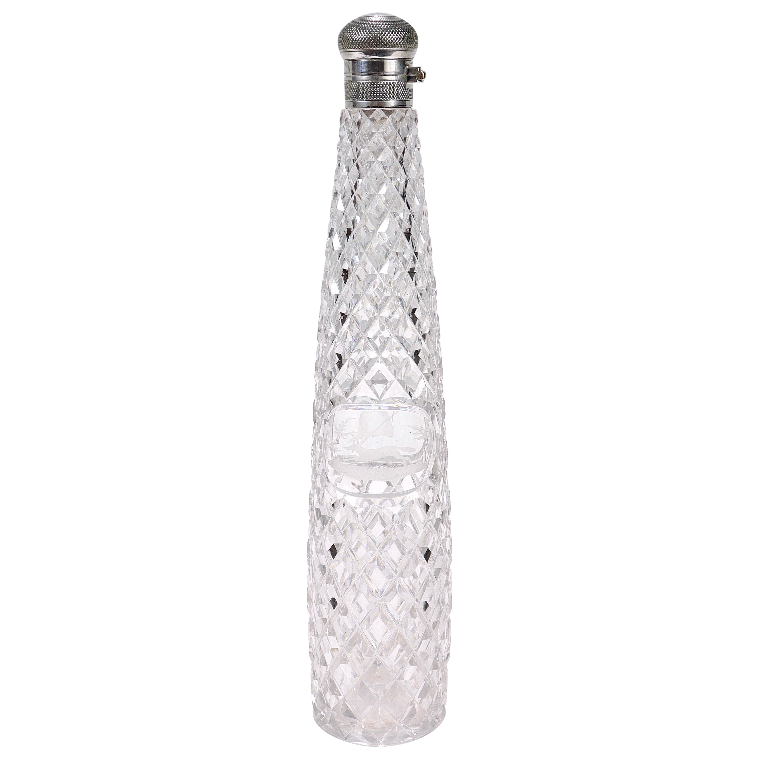Antigua petaca eduardiana de cristal tallado y plata para licor de caza del zorro eduardiano