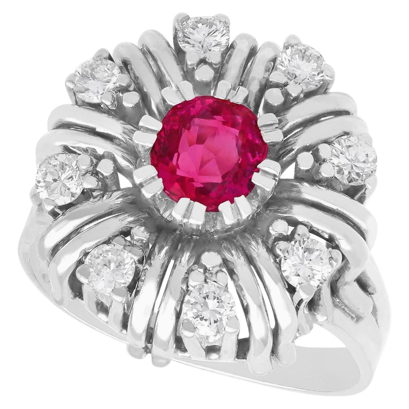 Vintage Ruby and Diamond White Gold Cocktail Ring Circa 1950 For Sale