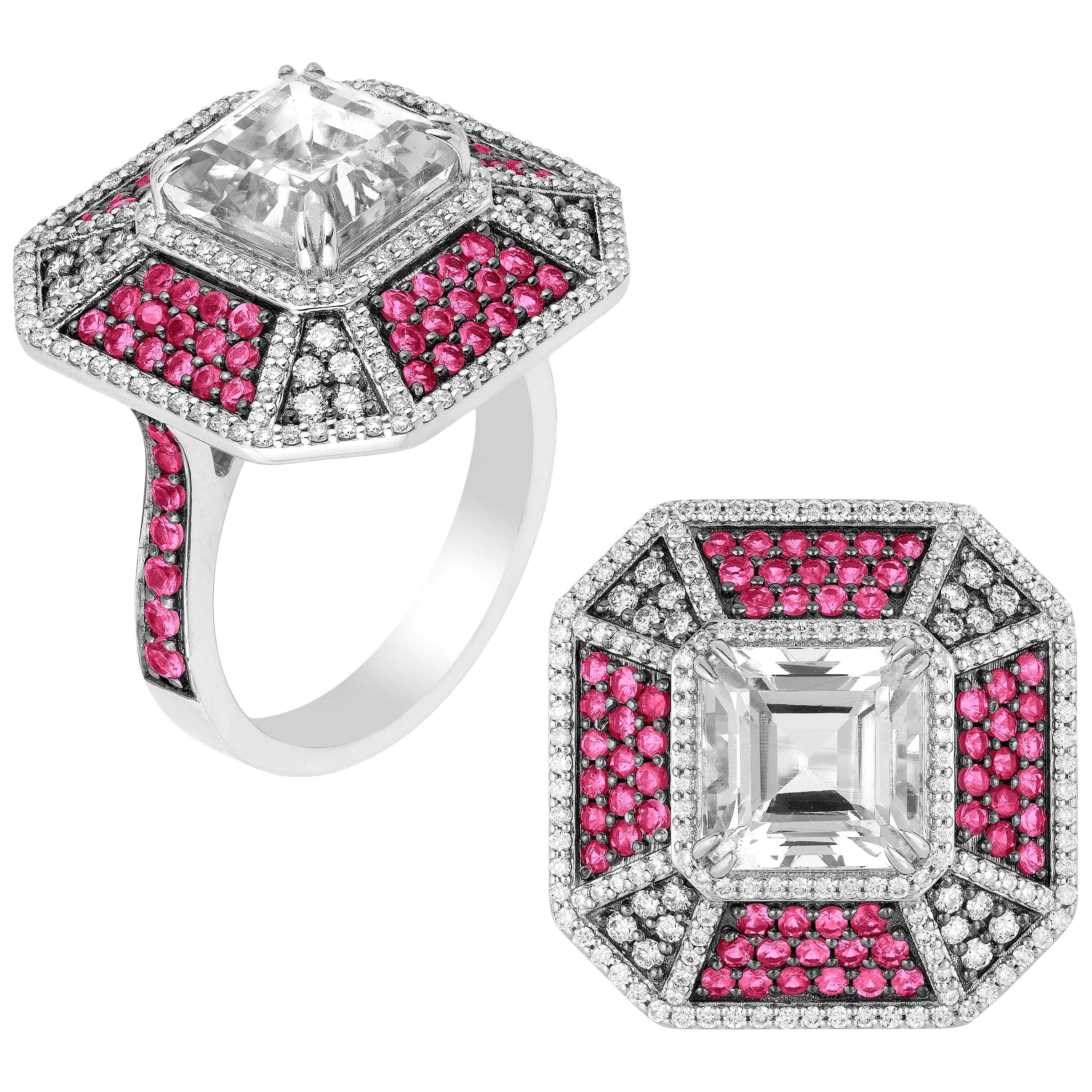 Bague Goshwara octogonale en rubis et cristal de roche avec diamants