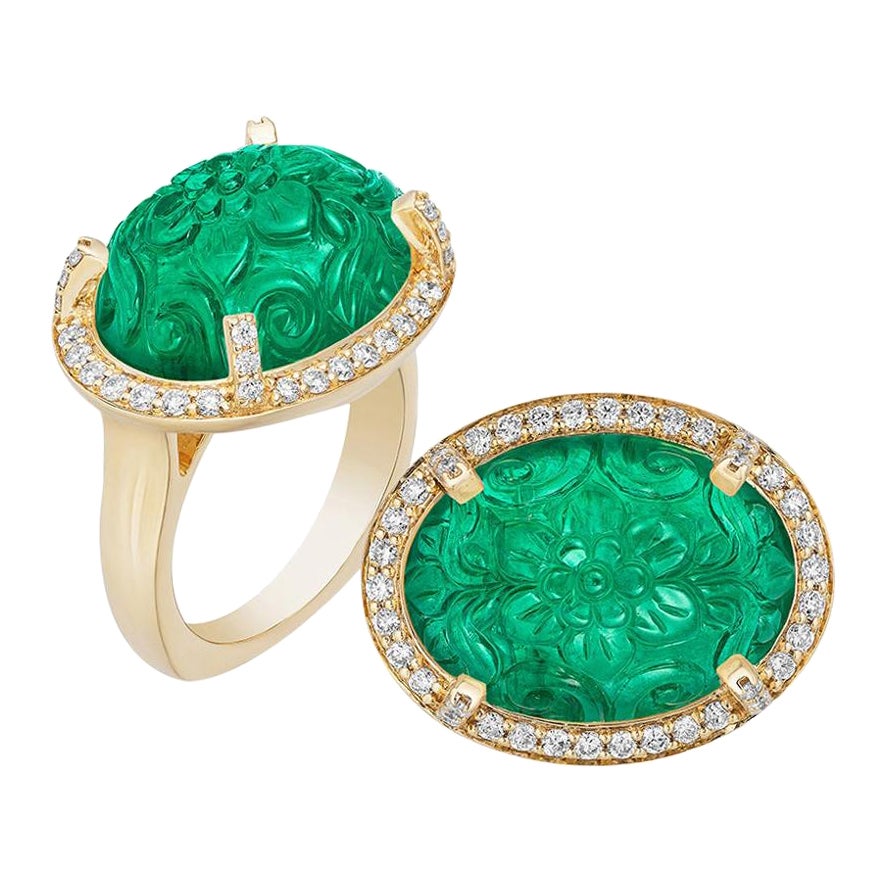 Goshwara Carved Emerald with Diamond Ring For Sale