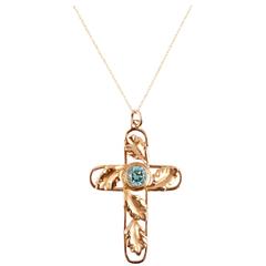Natural Blue Zircon Gold Cross Pendant and Chain