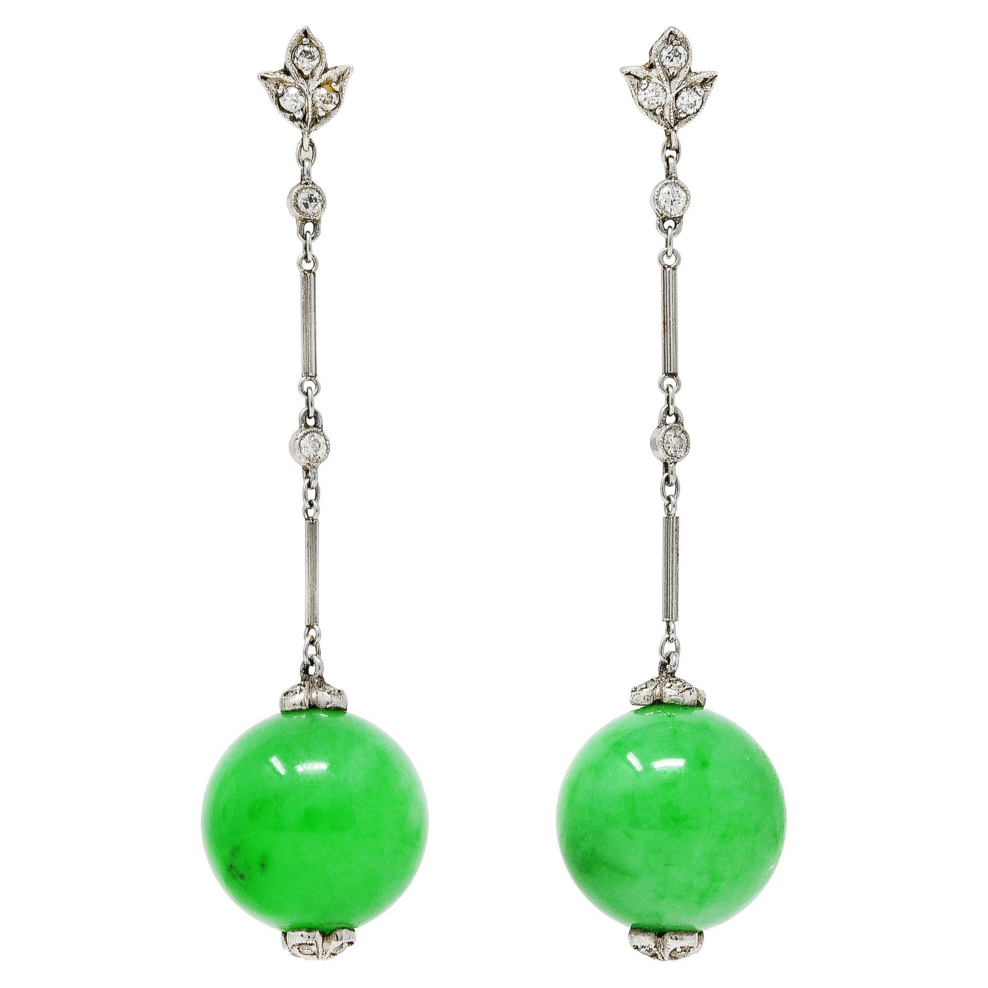 Art Deco Jade Ball Diamond Platinum 14 Karat Gold Antique Drop Earrings