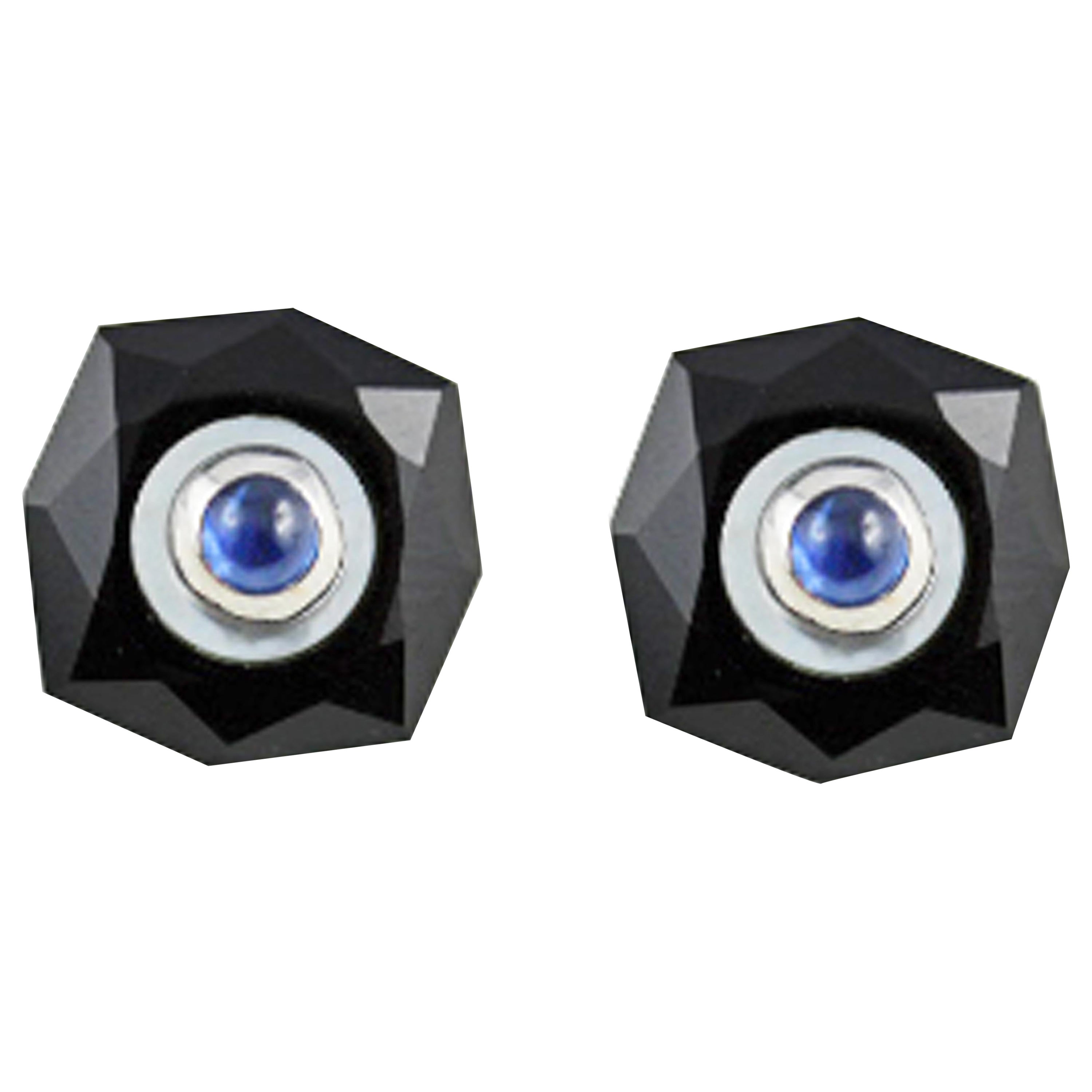 18 Karat White Gold Onyx Mother of Pearl Cabochon Sapphire Stud Earrings For Sale