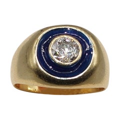 AIG Certified 0.30 Natural Diamond and Blue Enamel Chevalière Ring