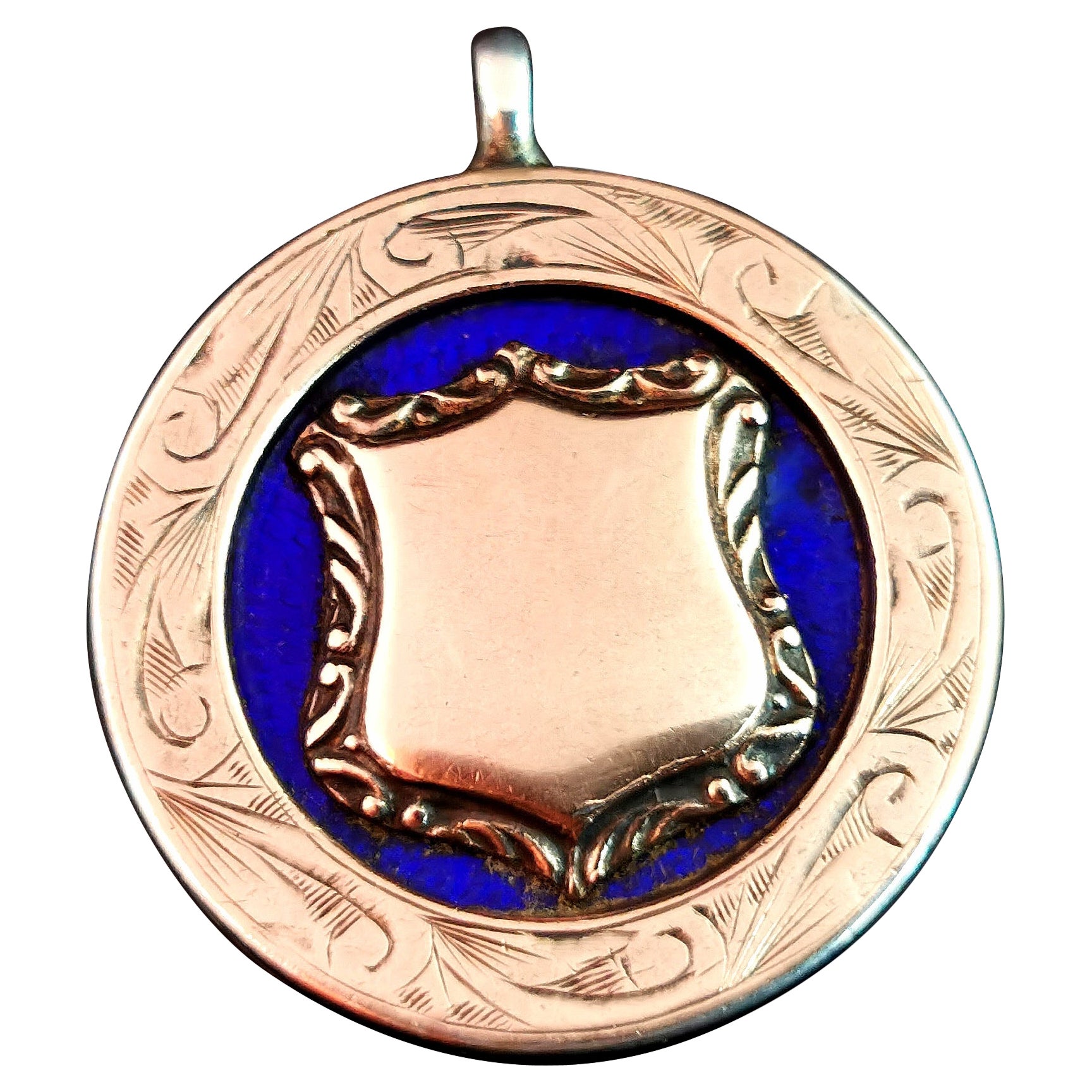 Vintage Sterling Silver, 9kt Rose Gold and Blue Enamel Fob Pendant, 1920s