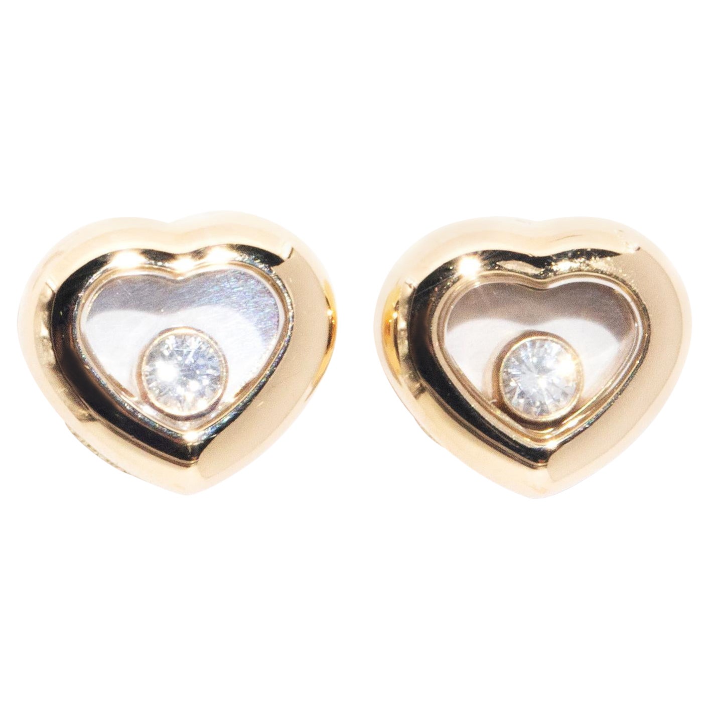 Genuine Chopard Contemporary 18 Carat Yellow Gold "Happy Diamond" Heart Studs