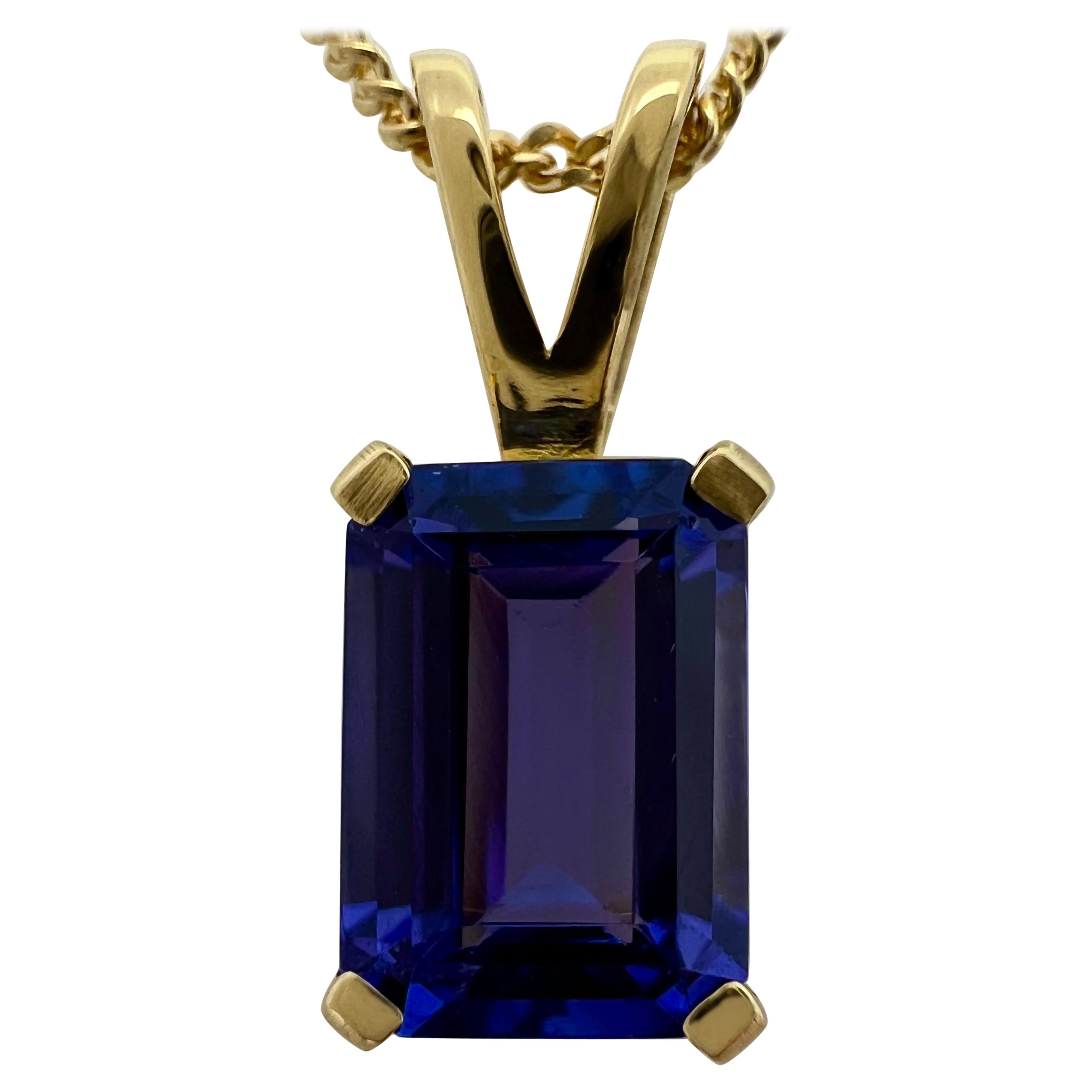 1.32ct Vivid Violet Blue Tanzanite 18k Yellow Gold Emerald Cut Pendant Necklace