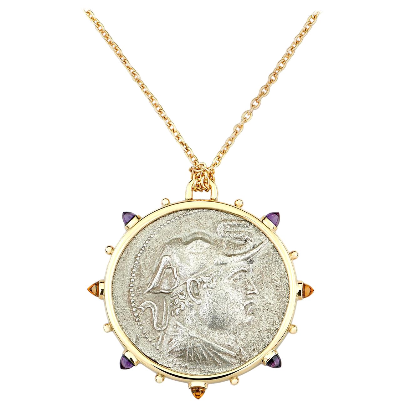 Dubini Demetrios I Ancient Silver Coin Medallion Amethyst Citrine Gold Necklace