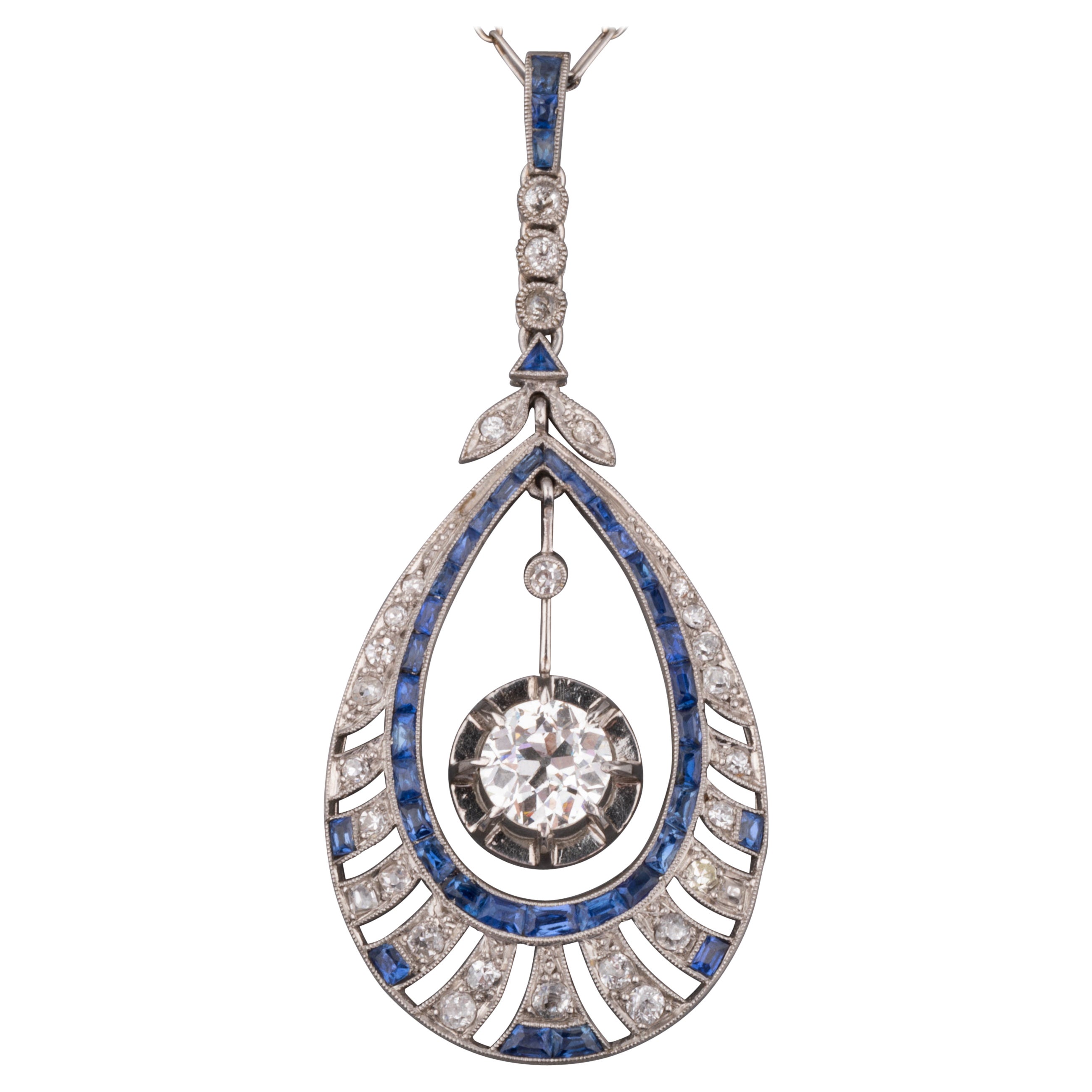 Gold Platinum Diamonds and Sapphires French Art Deco Necklace For Sale