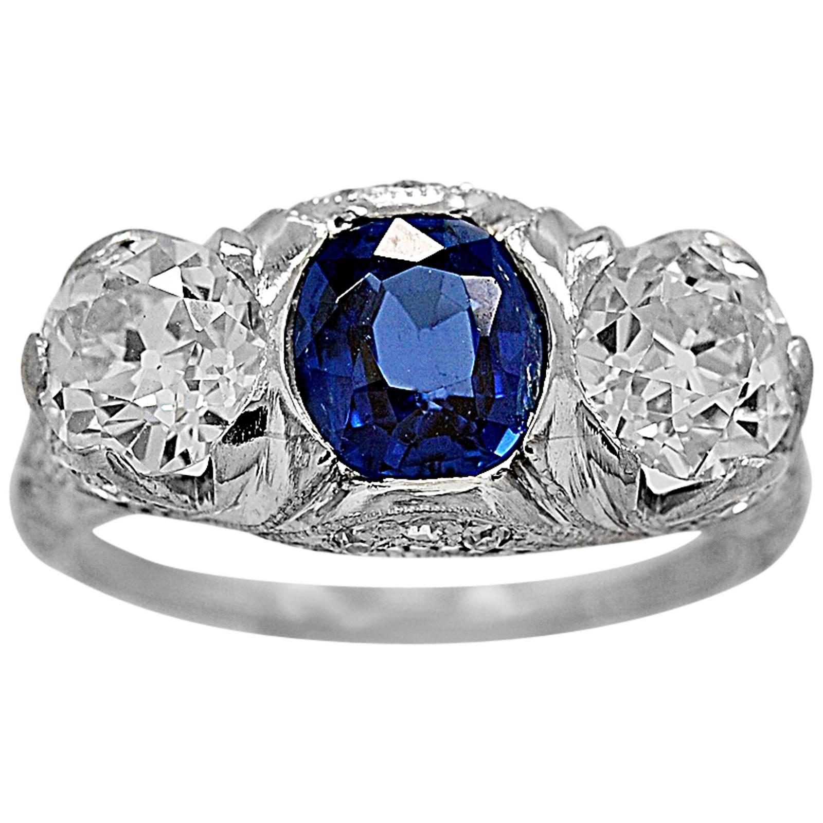 1.25 Carat Sapphire Diamond Platinum 3 Stone Engagement Ring