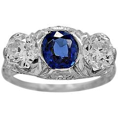 Antique 1.25 Carat Sapphire Diamond Platinum 3 Stone Engagement Ring