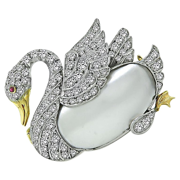 Vintage Mother of Pearl 1.50ct Diamond Swan Pin For Sale