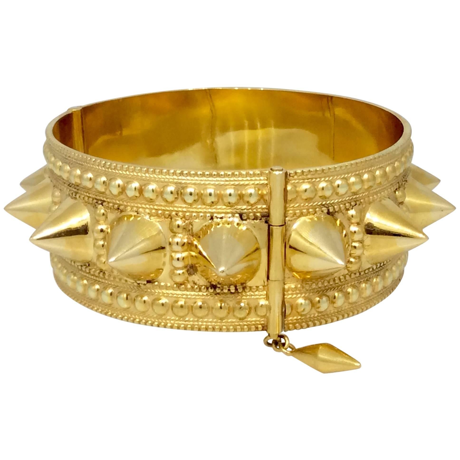 Wide Spiked Gold Cuff Bangle Bracelet For Sale