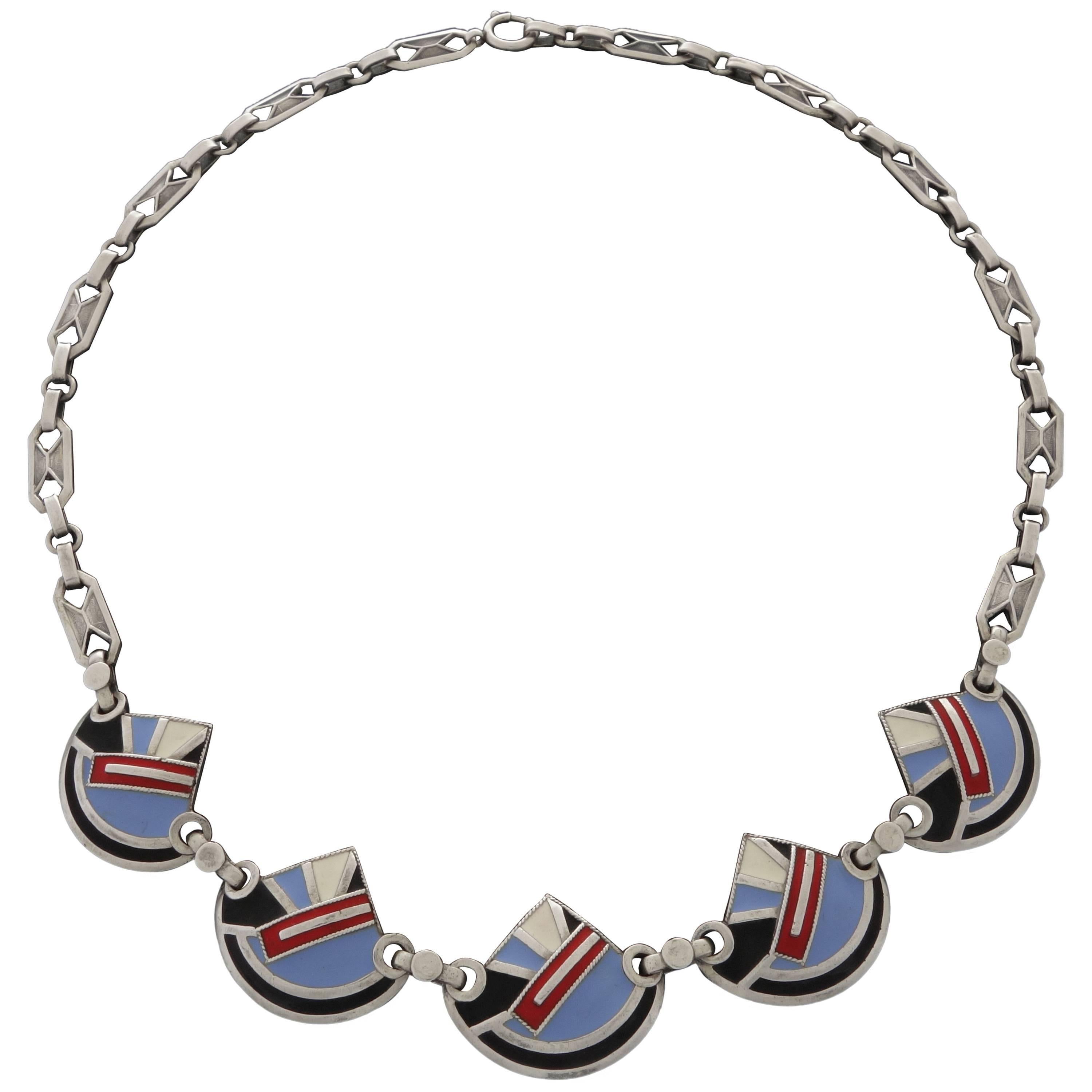 1920s Theodor Fahrner Germany Art Deco Matte Enamel Silver Necklace