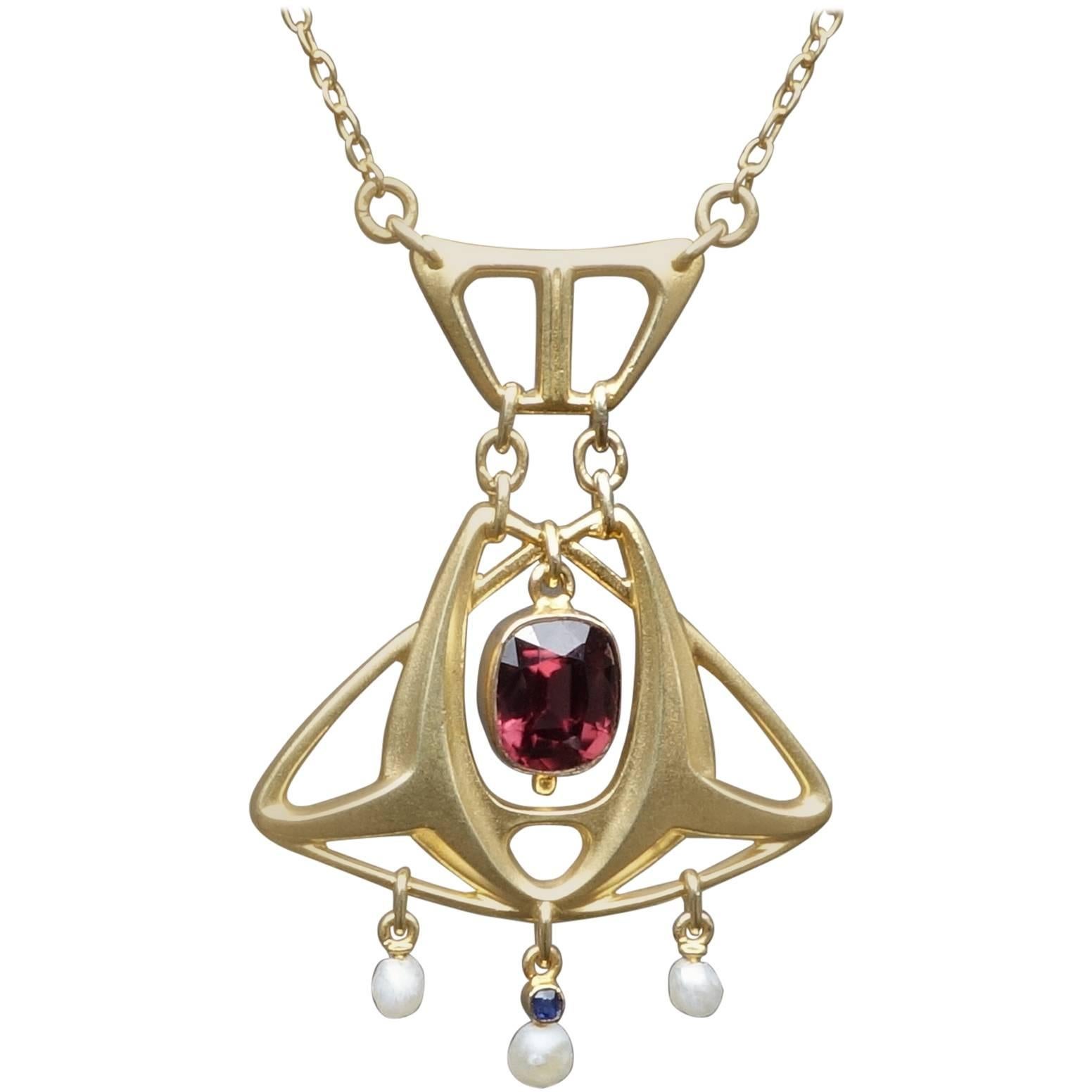 Georg Kleemann for F. Zerrenner Jugendstil Zircon Sapphire Pearl Gold Necklace For Sale
