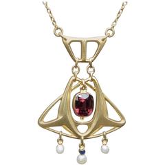 Antique Georg Kleemann for F. Zerrenner Jugendstil Zircon Sapphire Pearl Gold Necklace