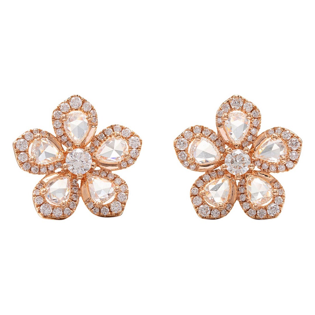 Diamond and Rose Gold Flower Earrings For Sale