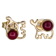 Ruby Earrings Studs in 14 Karat Gold, Elephant Ruby Studs, Cabochon Ruby Studs