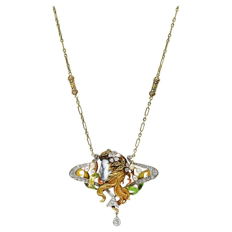 Art Nouveau Moonstone Enamel Diamond Emerald Platinum 18 Karat Gold ...