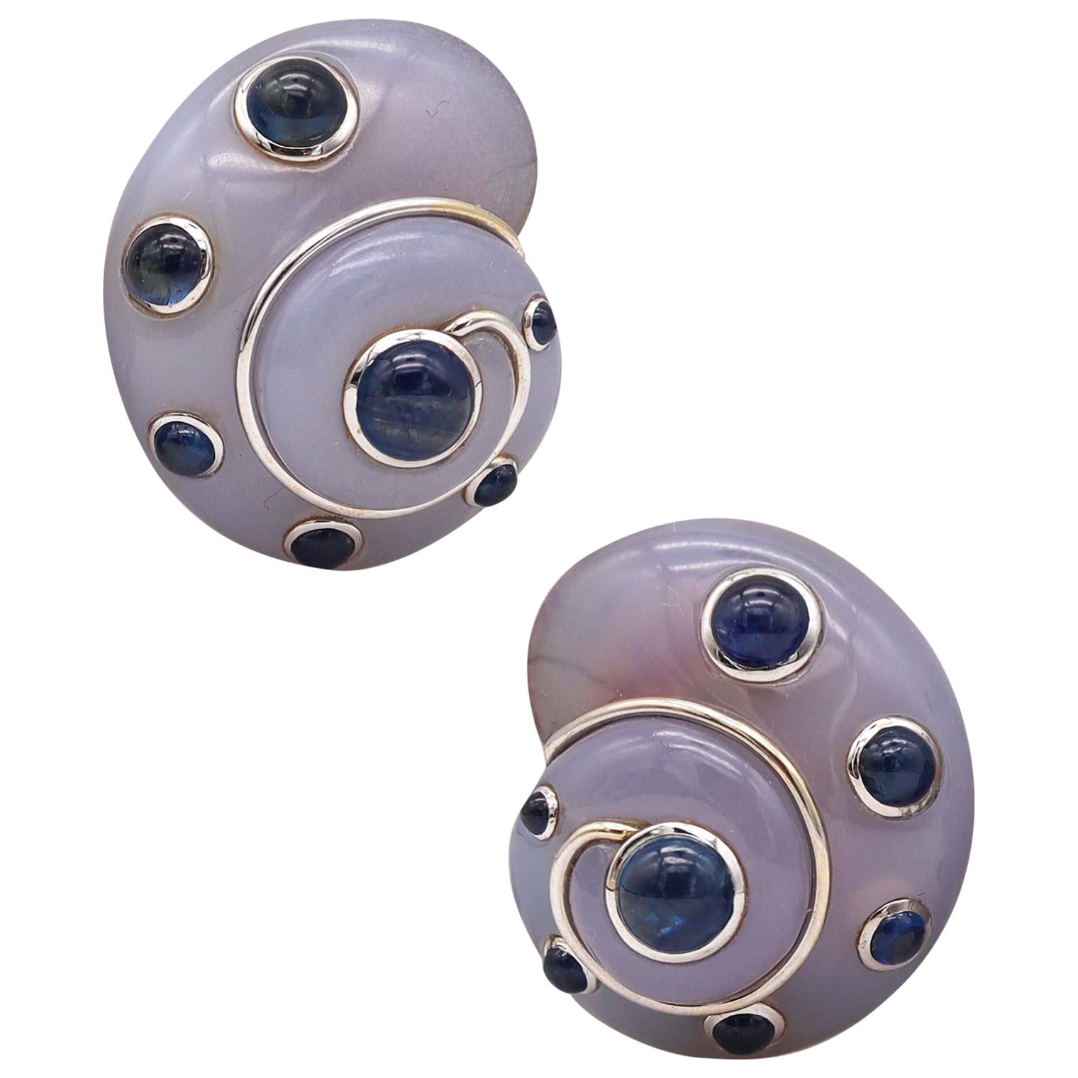 Verdura Milan Clip Earrings in 18Kt Gold with 5.72 Cts Sapphires and Blue Agate
