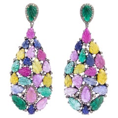 Emerald, Diamond, Ruby & Sapphire Pendant Earrings