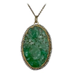 Art Deco Jade Perle Lotus Blume Anhänger 14K Gold geschnitzt Antike Jugendstil