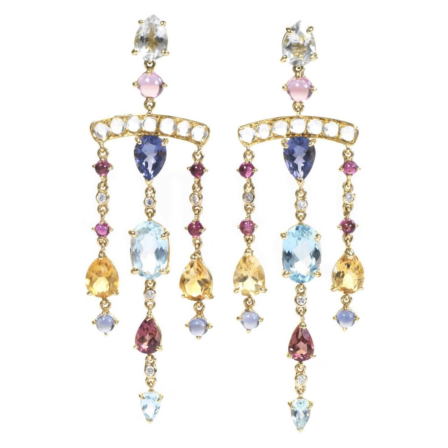 Boucles d'oreilles chandelier Dubini Theodora en or, aigue-marine, pierre de lune, rubellite et diamants
