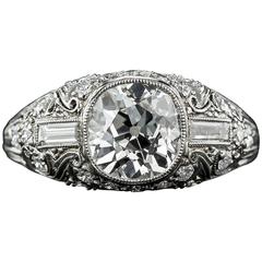 Art Deco Antique 2.06 Carat Cushion Cut Diamond Platinum Ring 