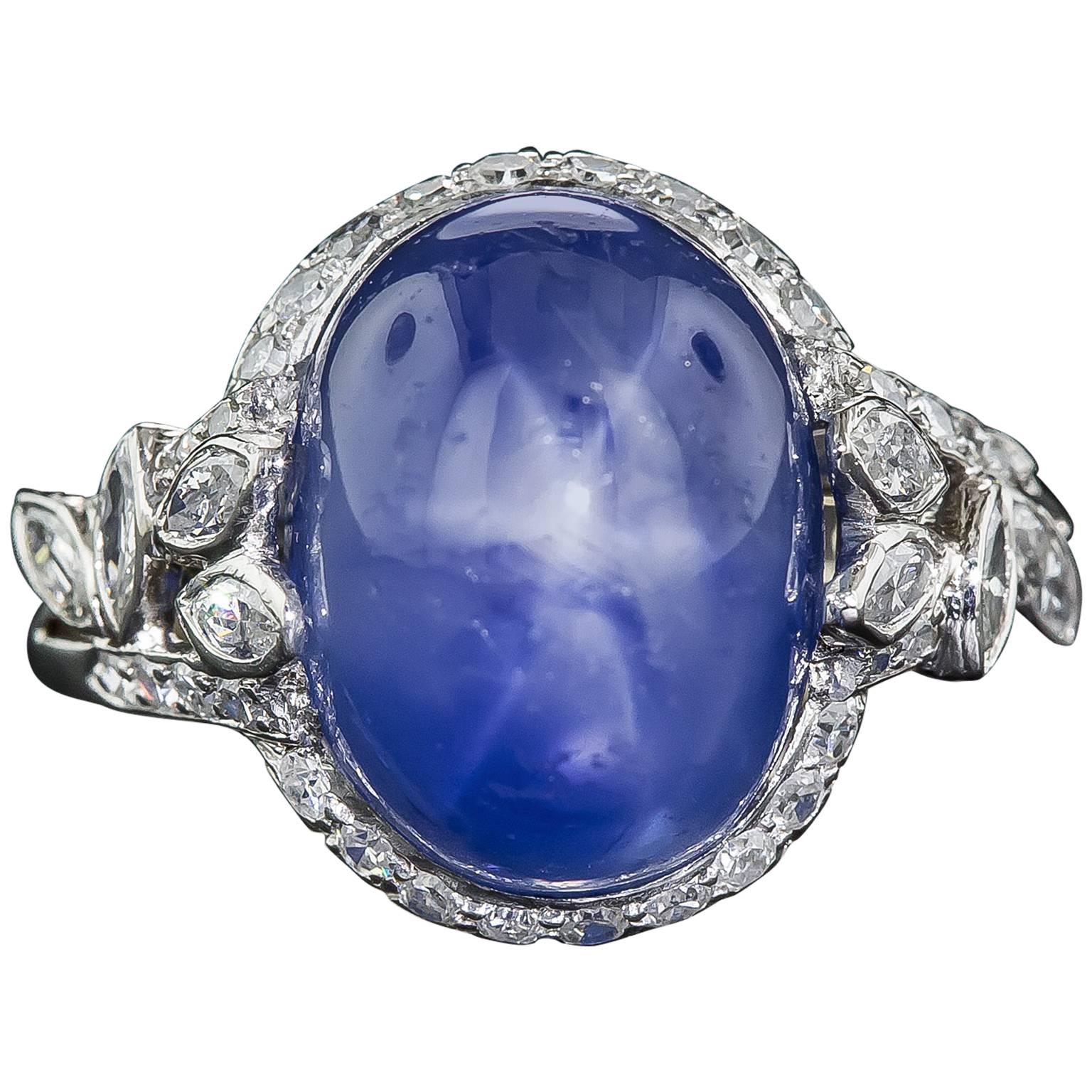 19 Carat No-Heat Burma Star Sapphire and Diamond Late Art Deco Ring For Sale