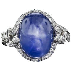 19 Carat No-Heat Burma Star Sapphire and Diamond Late Art Deco Ring