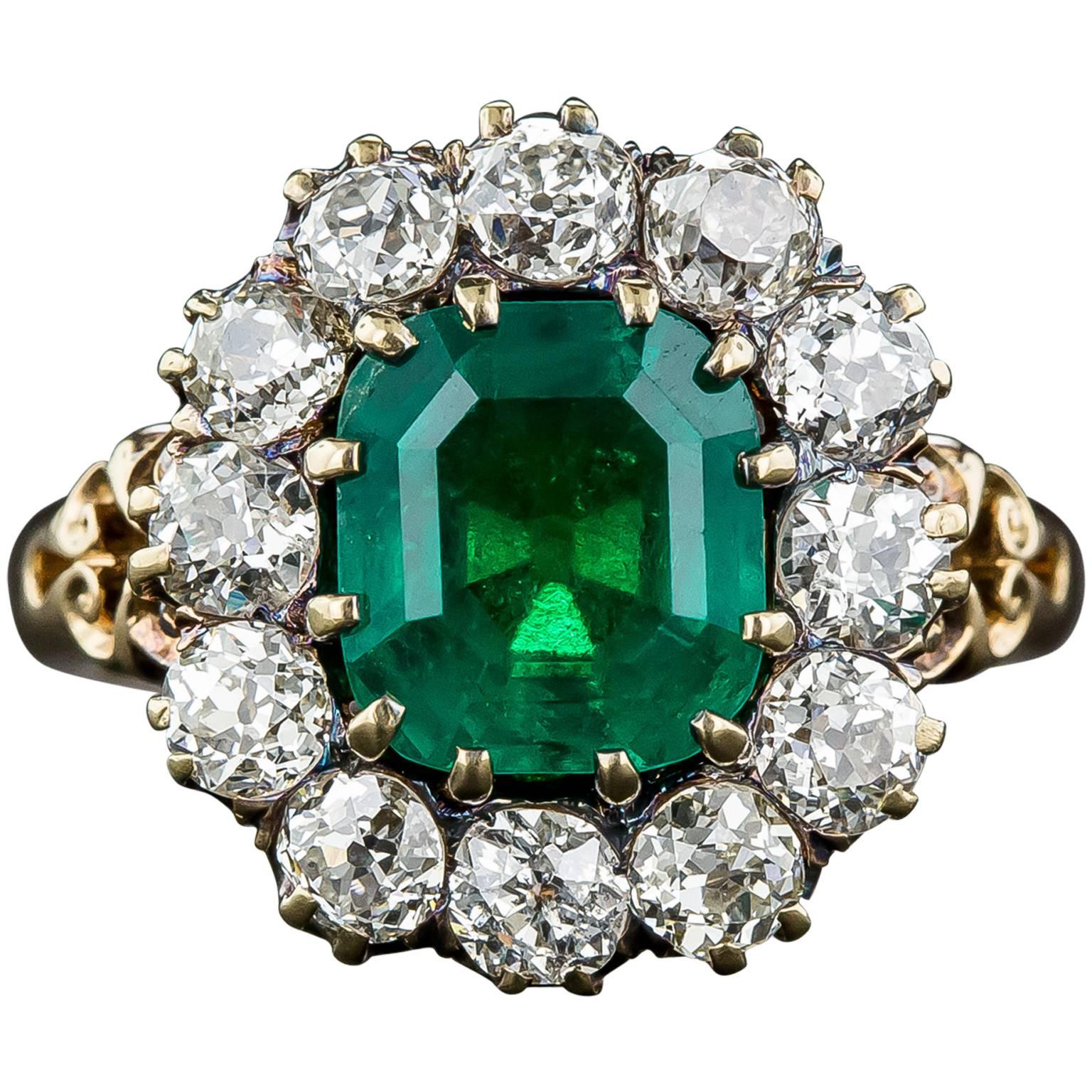 Victorian 2.75 Carat Emerald Diamond Gold Cluster Ring For Sale