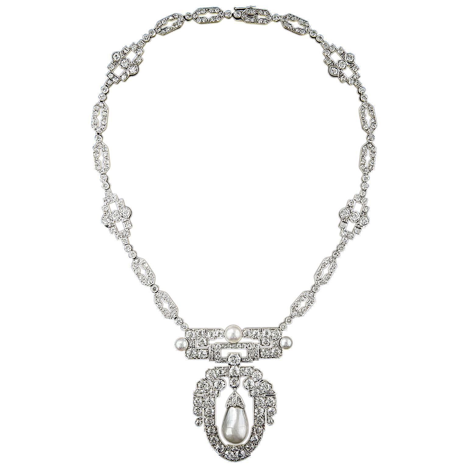 1920s Spectacular Art Deco Natural Pearl Diamond Platinum Necklace - GIA For Sale