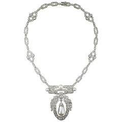 1920s Spectacular Art Deco Natural Pearl Diamond Platinum Necklace - GIA