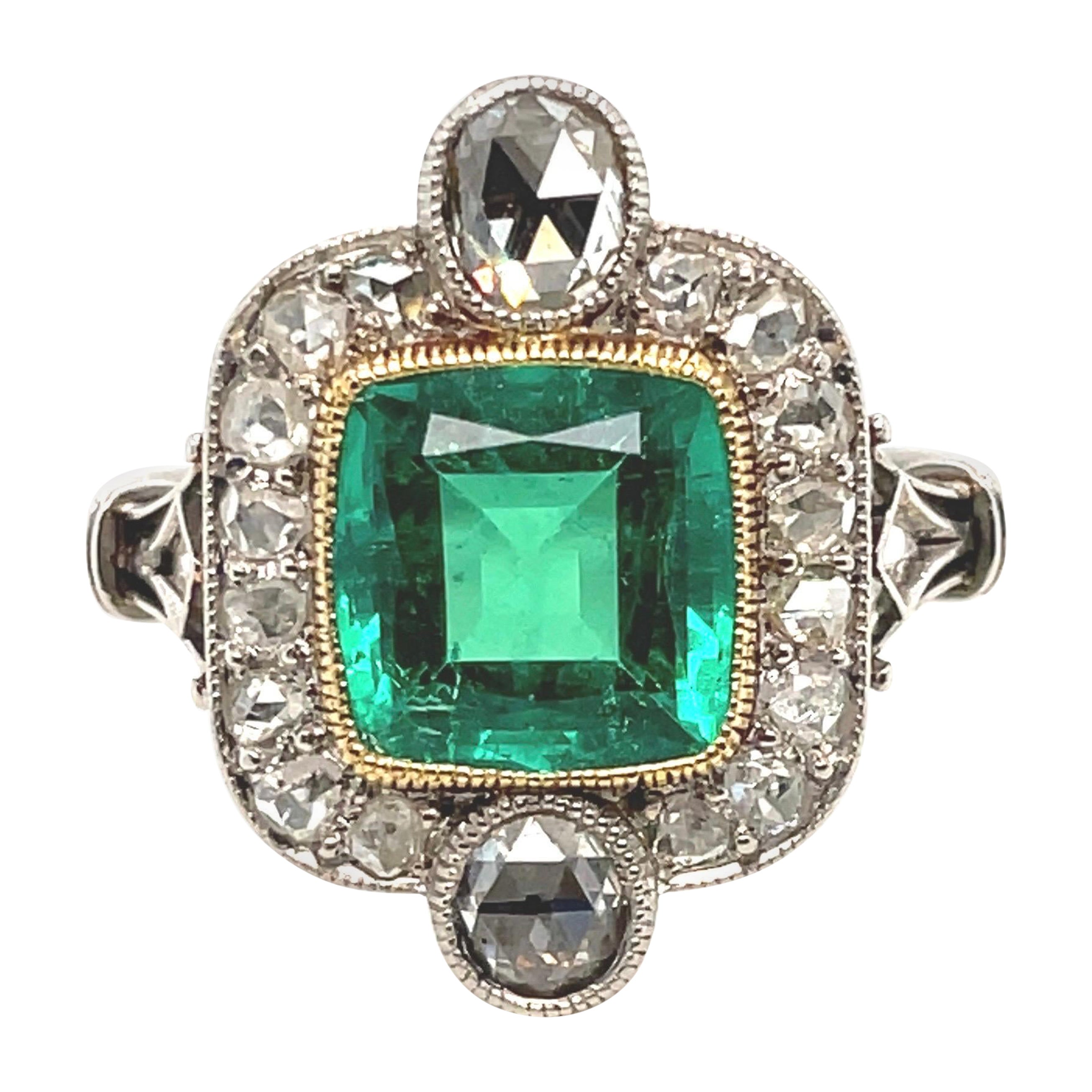 SSEF Certified 2.22 Carats Colombian Emerald and Diamond Art-Deco Ring For Sale