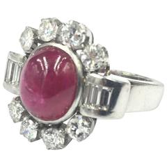  Art Deco 4 Carat Ruby Cabochon & 1.50 Carats of Diamonds in Platinum Ring