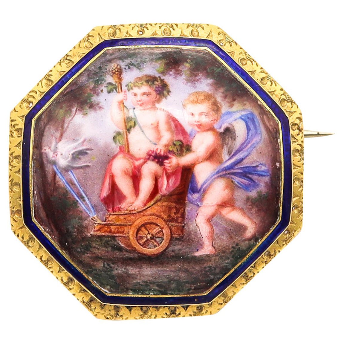Französische emaillierte Barockbrosche des 19. Jahrhunderts, Triumph des Bacchus & Amor, 18 Karat Gold im Angebot