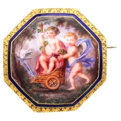 Antique French Baroque 19th Century Enameled Brooch Triumph of Bacchus & Cupid 18Kt Gold
